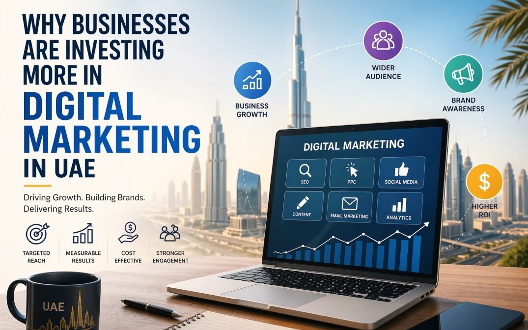 Best digital marketing agencies in UAE helping businesses grow through SEO, social media, PPC, and data driven strategies showcased on a modern digital marketing dashboard with Dubai skyline background