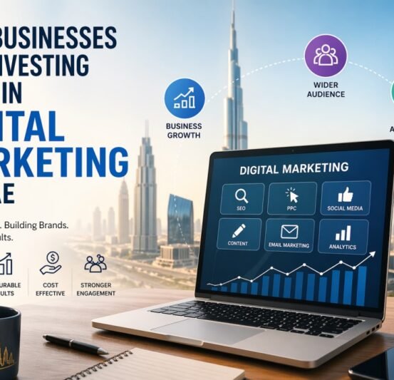 Best digital marketing agencies in UAE helping businesses grow through SEO, social media, PPC, and data driven strategies showcased on a modern digital marketing dashboard with Dubai skyline background