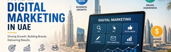 Best digital marketing agencies in UAE helping businesses grow through SEO, social media, PPC, and data driven strategies showcased on a modern digital marketing dashboard with Dubai skyline background