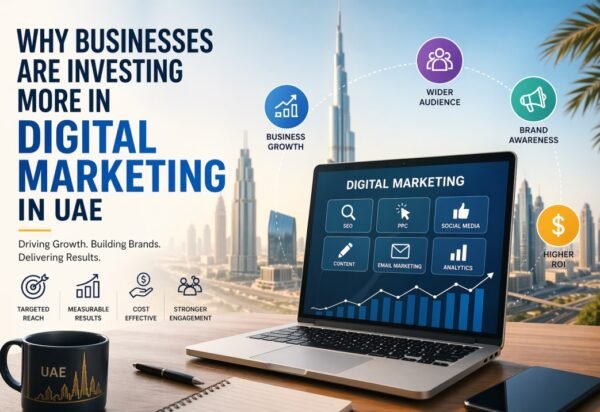 Best digital marketing agencies in UAE helping businesses grow through SEO, social media, PPC, and data driven strategies showcased on a modern digital marketing dashboard with Dubai skyline background