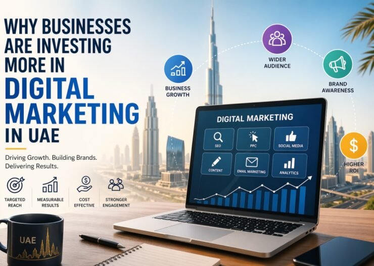 Best digital marketing agencies in UAE helping businesses grow through SEO, social media, PPC, and data driven strategies showcased on a modern digital marketing dashboard with Dubai skyline background