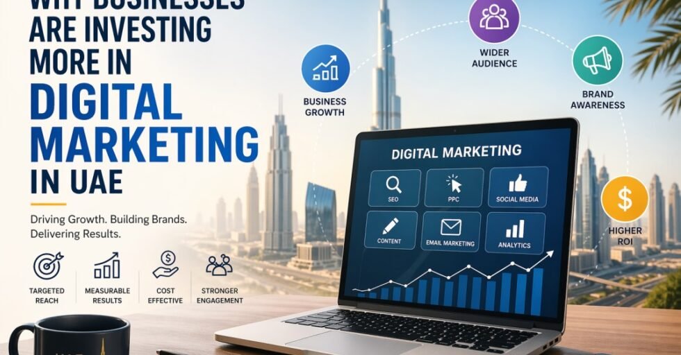Best digital marketing agencies in UAE helping businesses grow through SEO, social media, PPC, and data driven strategies showcased on a modern digital marketing dashboard with Dubai skyline background