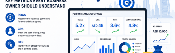 Alt Text: Modern infographic banner about Performance Marketing UAE showing key digital marketing metrics including ROAS, CPA, CTR, conversion rate, and CLV with analytics dashboard, growth charts, and Dubai skyline background.