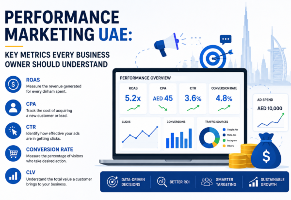 Alt Text: Modern infographic banner about Performance Marketing UAE showing key digital marketing metrics including ROAS, CPA, CTR, conversion rate, and CLV with analytics dashboard, growth charts, and Dubai skyline background.