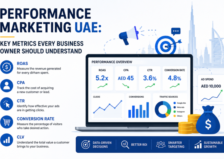 Alt Text: Modern infographic banner about Performance Marketing UAE showing key digital marketing metrics including ROAS, CPA, CTR, conversion rate, and CLV with analytics dashboard, growth charts, and Dubai skyline background.