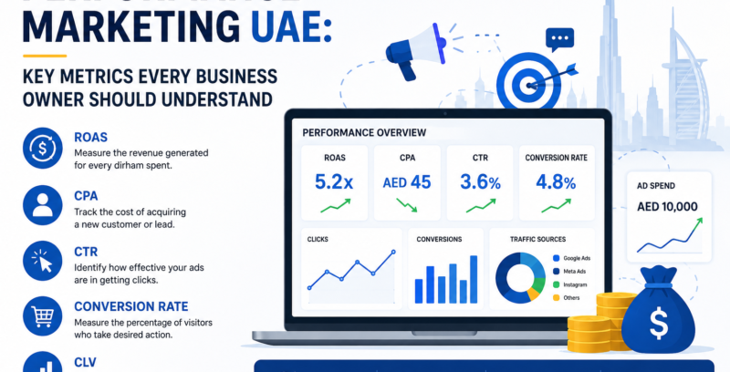 Alt Text: Modern infographic banner about Performance Marketing UAE showing key digital marketing metrics including ROAS, CPA, CTR, conversion rate, and CLV with analytics dashboard, growth charts, and Dubai skyline background.
