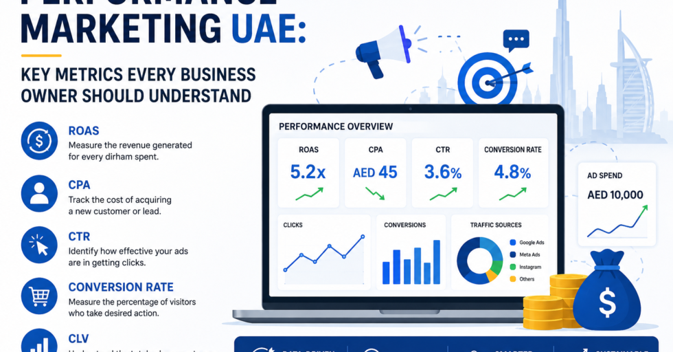 Alt Text: Modern infographic banner about Performance Marketing UAE showing key digital marketing metrics including ROAS, CPA, CTR, conversion rate, and CLV with analytics dashboard, growth charts, and Dubai skyline background.